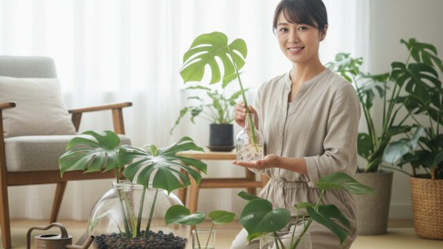 室内でモンステラの水耕栽培を楽しむ日本人女性が、手入れされたモンステラの鉢植えや水挿しを見せる様子