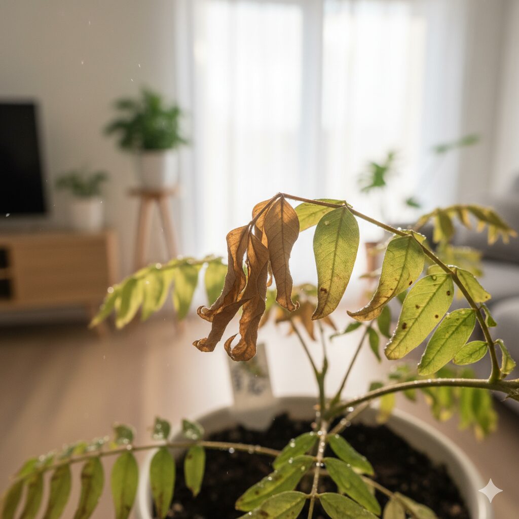 室内で葉がチリチリになったエバーフレッシュに霧吹きで水を与える様子。