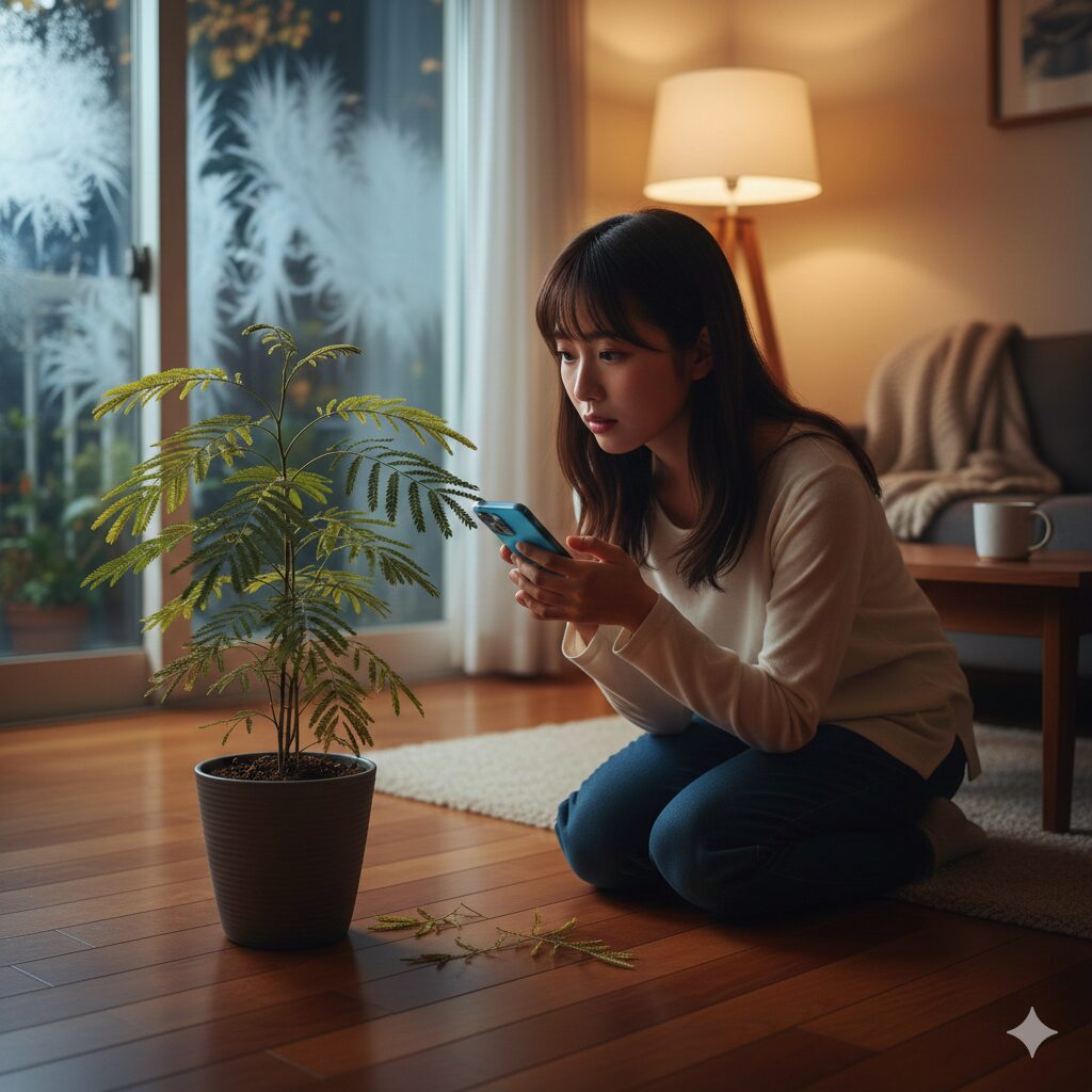 寒くなり、葉が落ちて元気がないエバーフレッシュを心配そうに見つめ、スマートフォンで対策を検索している日本人女性。