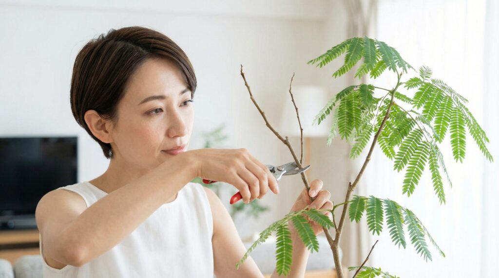 弱って葉が少なくなったエバーフレッシュの枝を、園芸用ハサミで慎重に剪定している日本人女性。