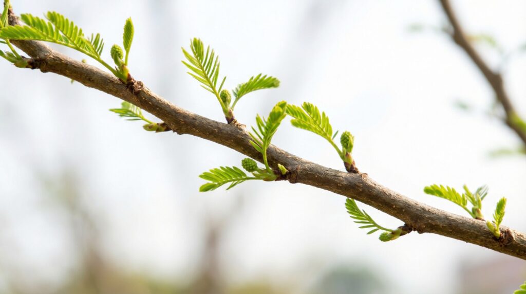 復活したエバーフレッシュの茶色い枝の節々から、鮮やかな緑色の新芽が次々と出ているクローズアップ写真。