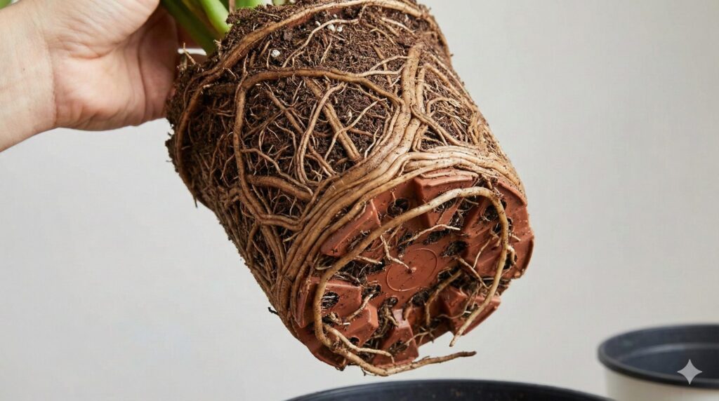 持ち上げられたプラスチック鉢の底面から、茶色く変色した太い根が密集して排水穴からはみ出しており、深刻な根詰まりを起こしている様子。