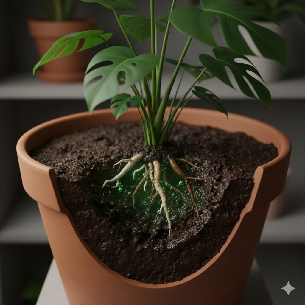 断面図で示された、大きな鉢の中で根腐れを起こし酸素不足で泡立つモンステラの根