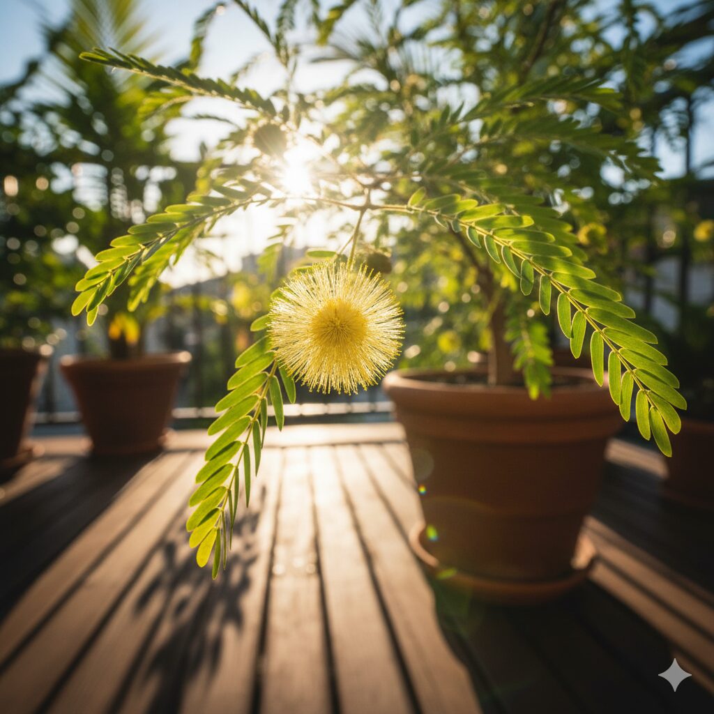 日の光を浴びて咲く、ふわふわとした黄色いエバーフレッシュの花。