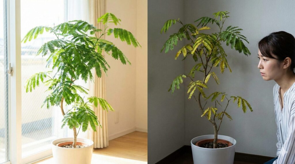 日当たりの良い窓辺で健康に育つエバーフレッシュと、光不足で葉が黄色くなり元気がないエバーフレッシュの比較画像。