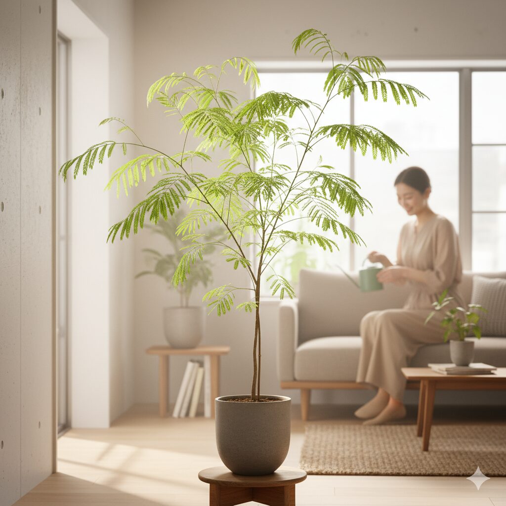 明るいリビングで、大きく育ったエバーフレッシュに水やりをする日本人女性