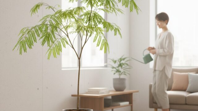 明るいリビングで、女性がエバーフレッシュに水やりをしている様子。