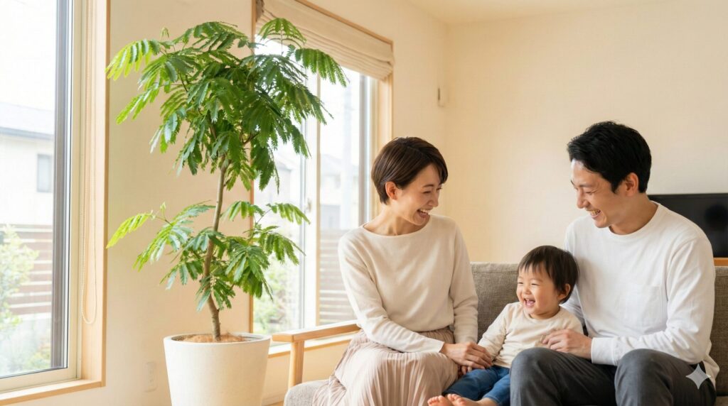 明るいリビングルームに置かれた大きなエバーフレッシュの傍らで、笑顔で団らんする日本人家族（夫婦と子供）の様子。家庭の調和と幸福の象徴。