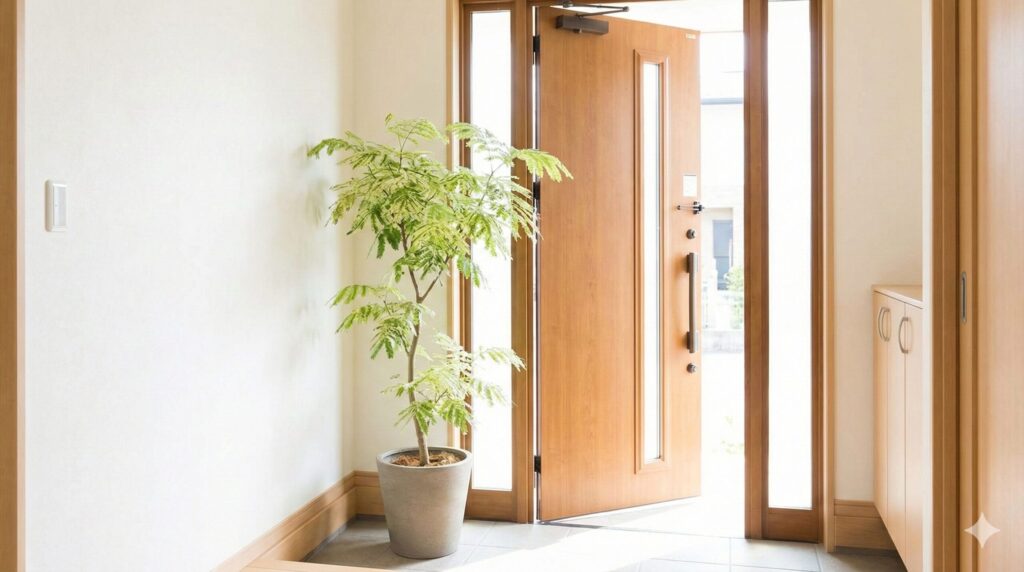 明るい光が差し込む日本の住宅の玄関に置かれた、鉢植えのエバーフレッシュ。風水において良縁や出会い運を招くとされる理想的な配置例。