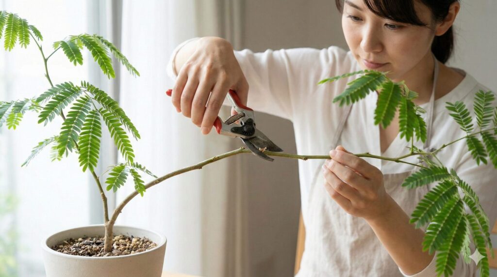 明るい室内で、女性が剪定ばさみを使ってエバーフレッシュの鉢植えの徒長した枝を慎重に切り戻している様子。