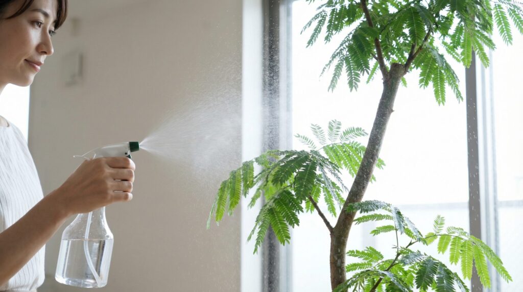 明るい窓辺で、霧吹きを使ってエバーフレッシュの葉全体にたっぷりと葉水を与えている日本人女性。
