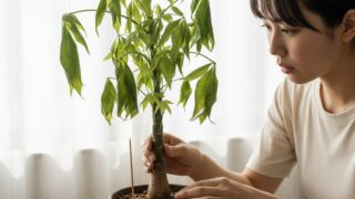 昼間にもかかわらず葉が垂れ下がったパキラを、真剣な表情で観察している女性。