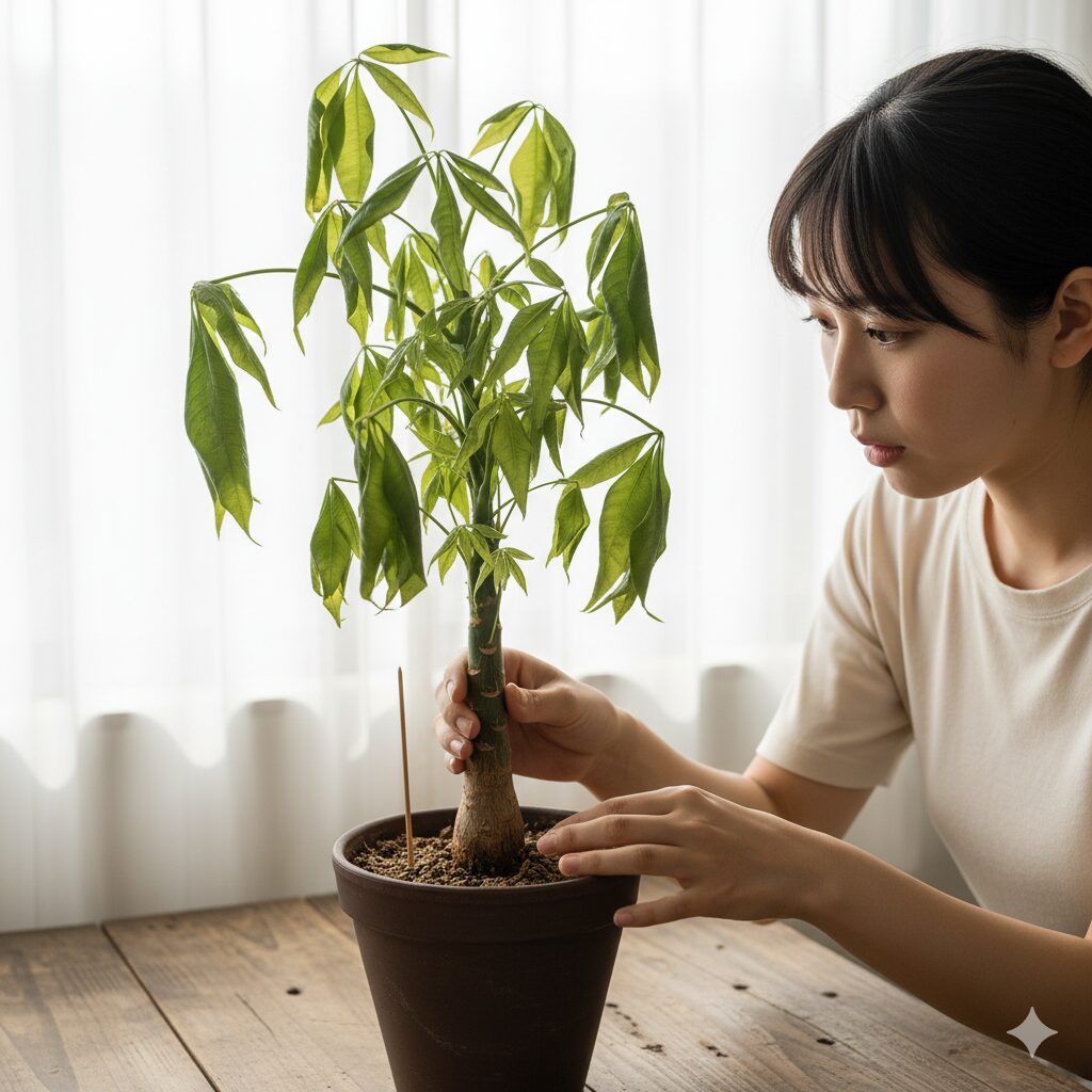 昼間にもかかわらず葉が垂れ下がったパキラを、真剣な表情で観察している女性。