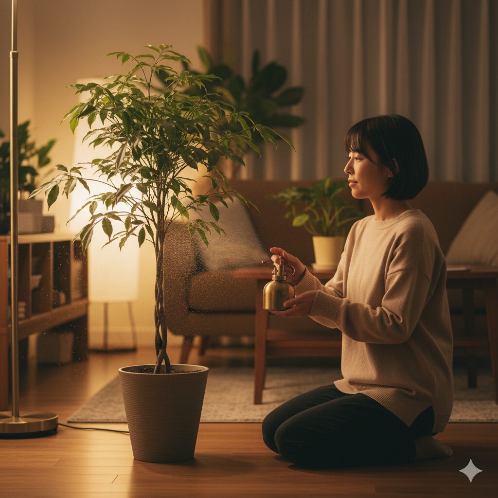 暖かい室内で、観葉植物に霧吹きで葉水を与えている日本人女性。