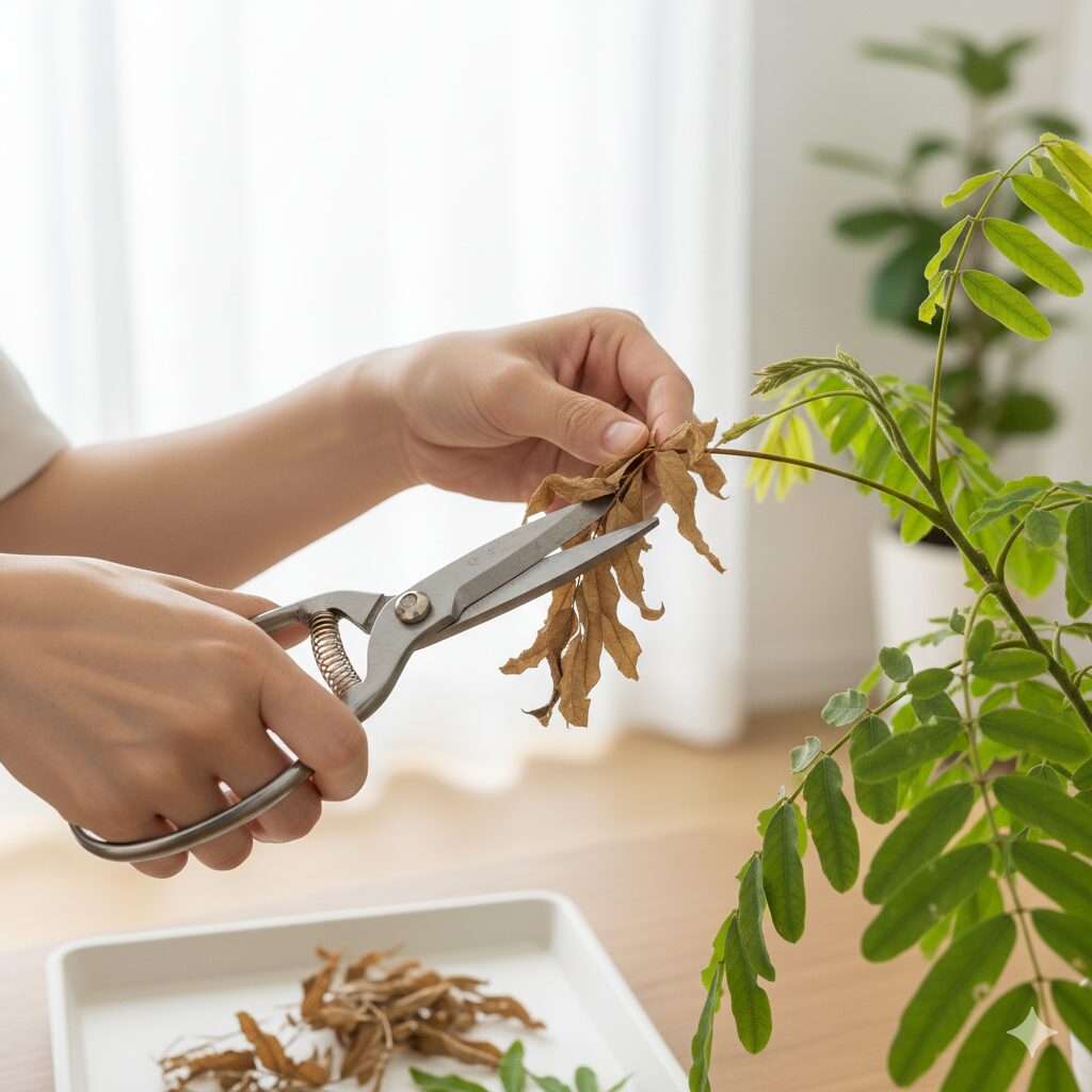 枯れてチリチリになったエバーフレッシュの葉を剪定用ハサミで切り取る日本人女性の手。