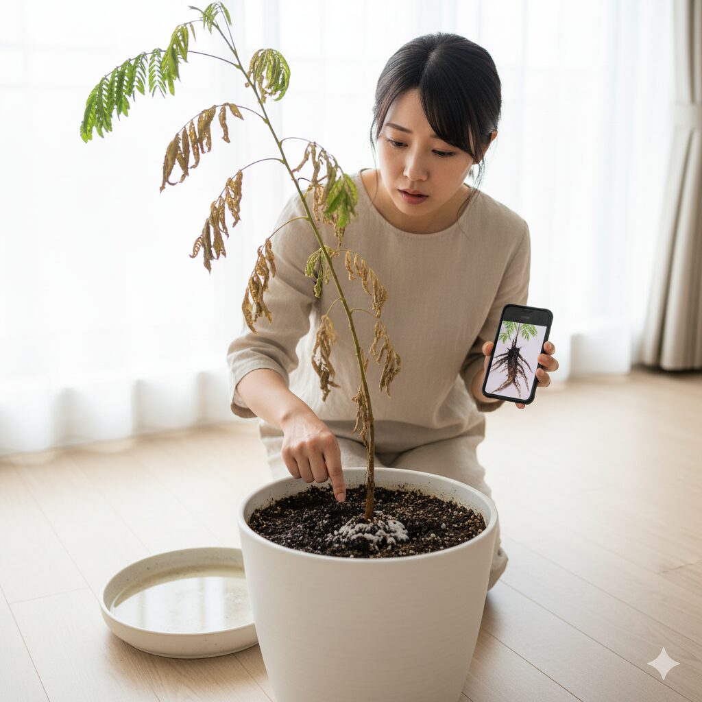 根腐れの疑いがあるエバーフレッシュの土と幹の状態を確認し、スマホで根の画像を見る日本人女性