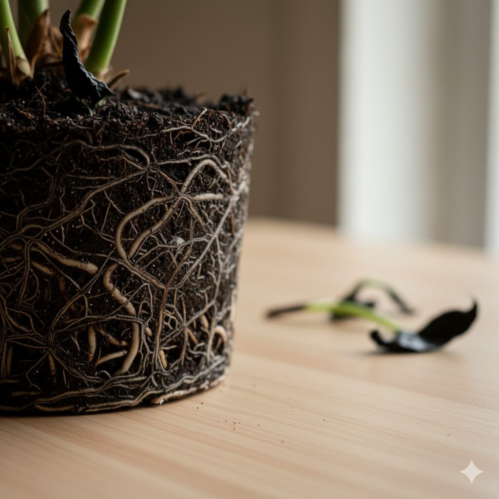 根腐れや根詰まりでブヨブヨになったエバーフレッシュの根鉢と、枯れてしまった新芽。