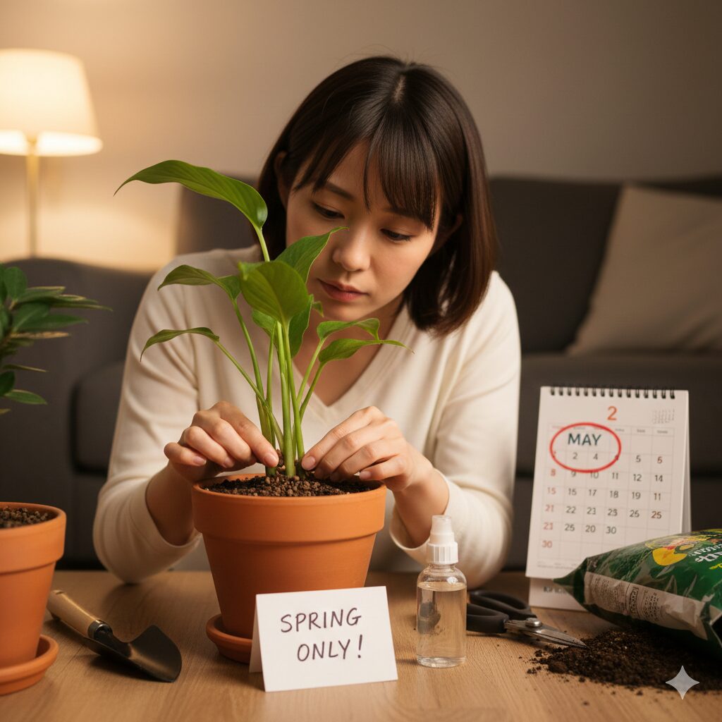 植え替えを我慢し、春まで待つように促すメモが置かれたテーブル