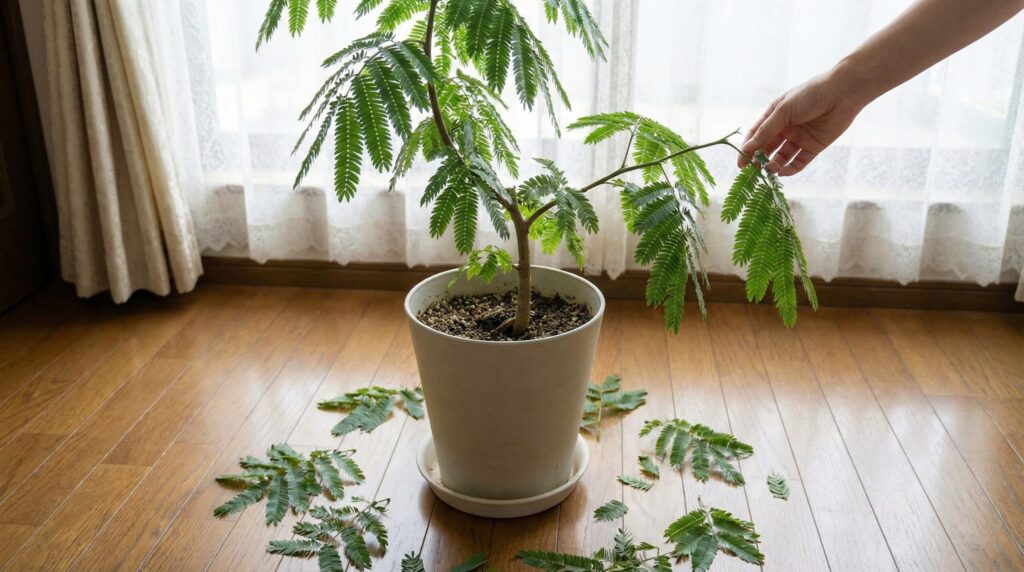 植え替え直後にエバーフレッシュの葉が床にパラパラと落ちている様子。心配そうに葉に触れる女性の手。