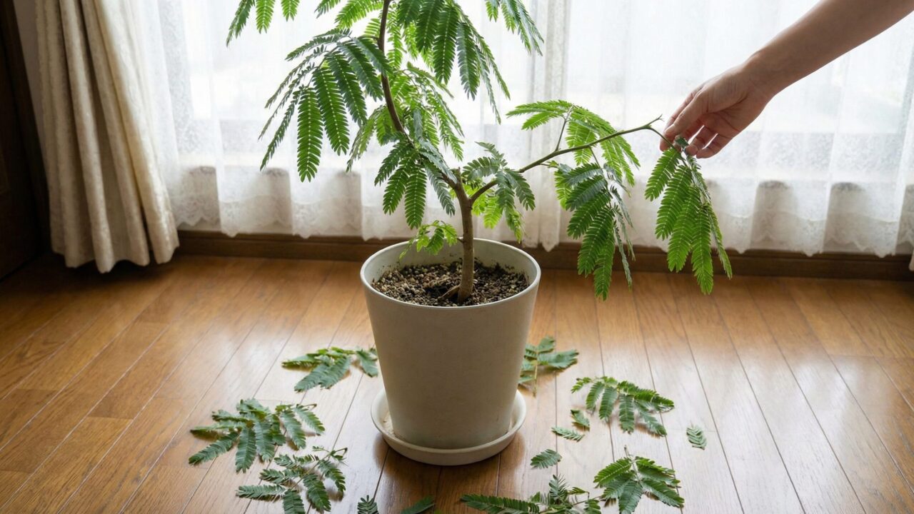 植え替え直後にエバーフレッシュの葉が床にパラパラと落ちている様子。心配そうに葉に触れる女性の手。