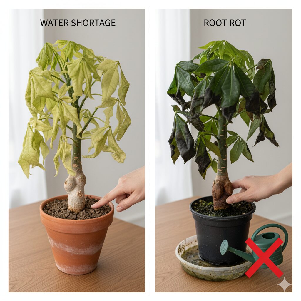 水不足で葉がしおれたパキラと、根腐れで幹が黒ずみ葉が黄変したパキラを並べて比較している様子。