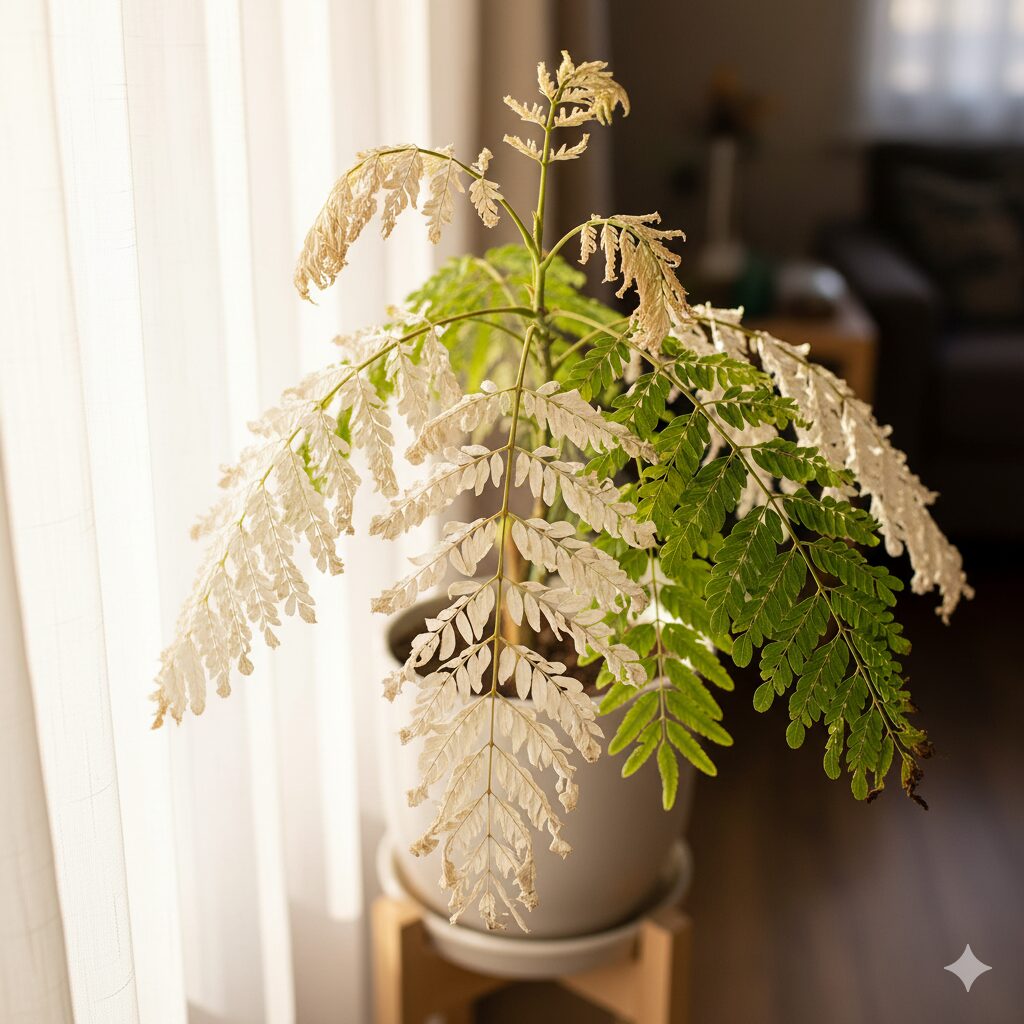 直射日光により葉焼けを起こし、白く変色したエバーフレッシュ。