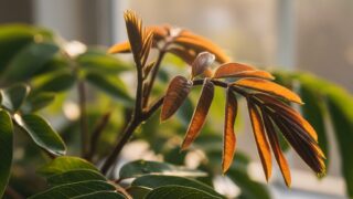 窓から差し込む光を浴びて、茶色から緑色に変化し始めているエバーフレッシュの新芽のクローズアップ。