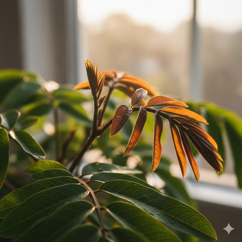 窓から差し込む光を浴びて、茶色から緑色に変化し始めているエバーフレッシュの新芽のクローズアップ。