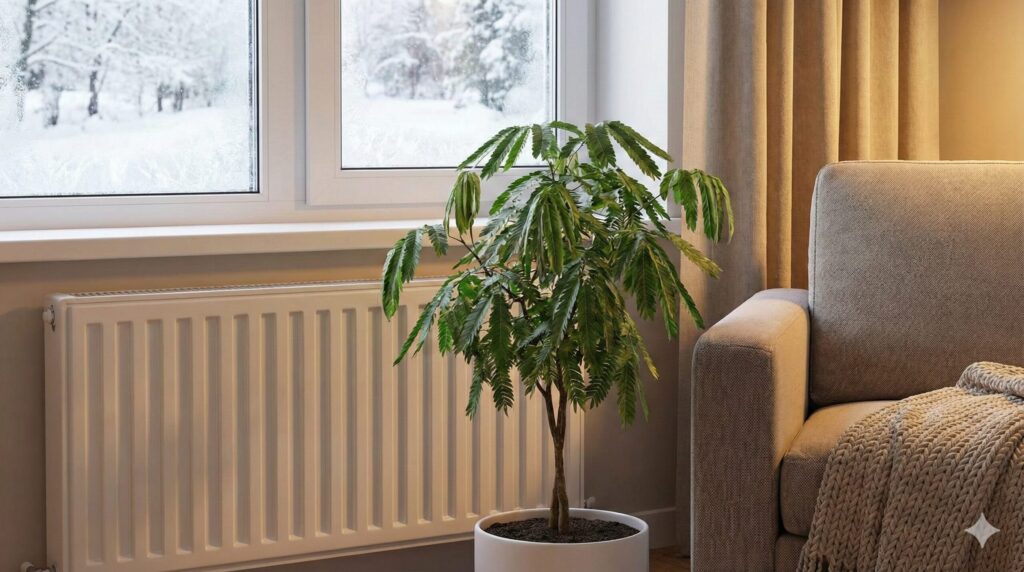 窓の外は雪景色だが、室内は暖房（ヒーター）が効いた暖かいリビングルームで、窓際から離れた場所に置かれ、冬の寒さ対策が施されているエバーフレッシュの様子