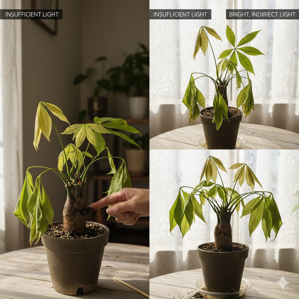 窓辺でぐったりと葉が垂れ下がっているパキラを心配そうに見つめる女性の手元。