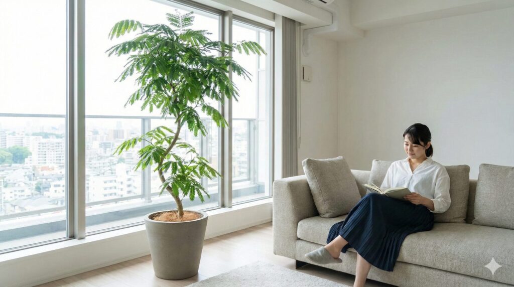 自然の媒介者がいない清潔な室内のリビングルームで、窓辺に置かれたエバーフレッシュの鉢植えと、リラックスして本を読む女性の様子。