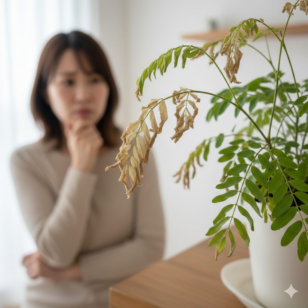 葉がチリチリになったエバーフレッシュを見て心配そうに考える日本人女性