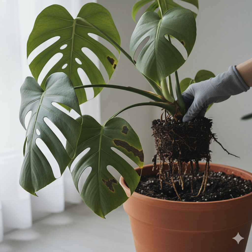 葉が黄色や茶色に変色し垂れ下がったモンステラの根鉢を鉢から引き抜く手