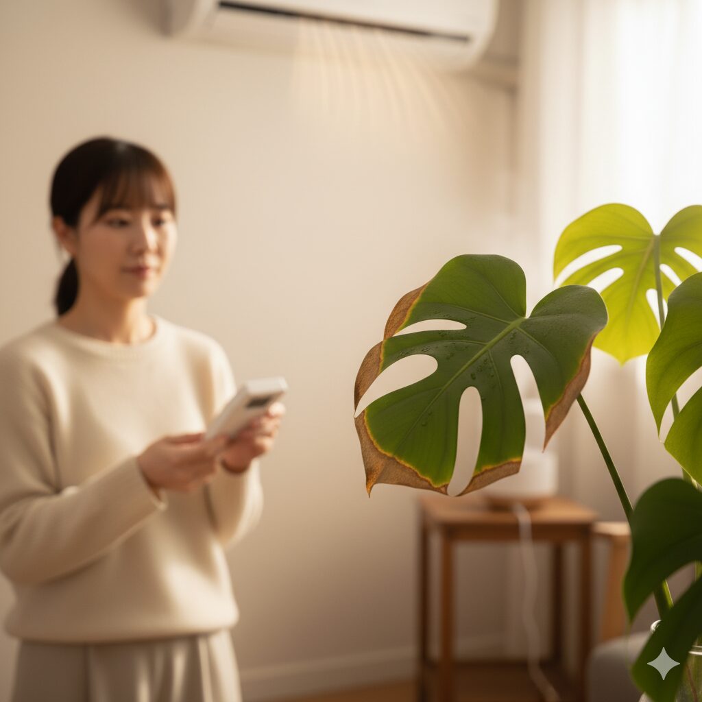 葉の縁が茶色に変色したモンステラ。暖房の風が植物に直接当たり、乾燥によるダメージを受けている様子。