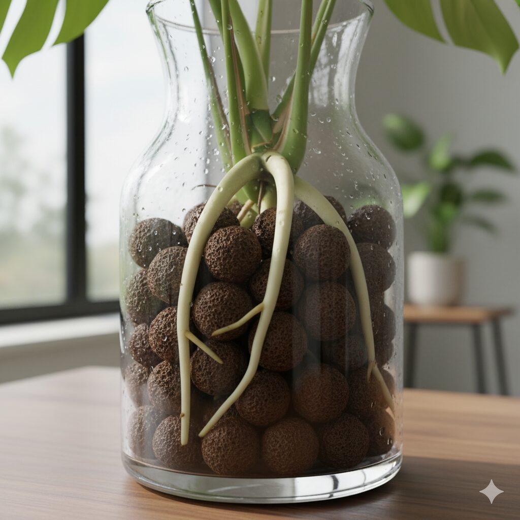 透明なガラス容器の中でハイドロボールとモンステラの白い根がはっきりと見えるクローズアップ画像