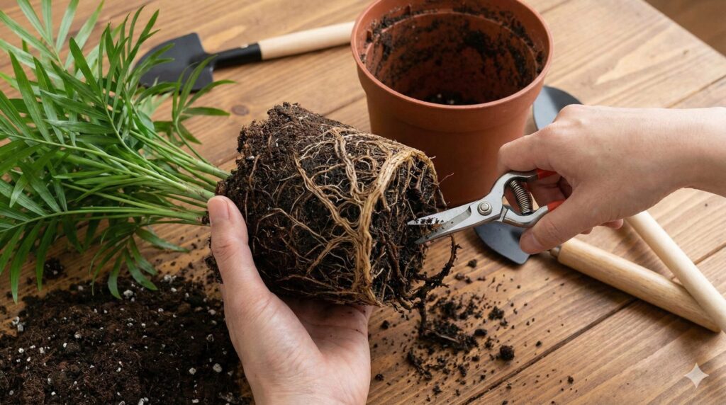 鉢から取り出されたエバーフレッシュの根鉢から、黒く腐敗してグズグズになった根を、清潔な剪定バサミで切り落としている植え替え作業の様子。