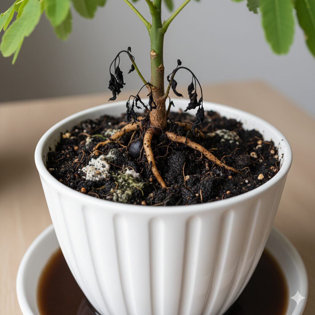 鉢植えのエバーフレッシュの根元が露出し、黒く枯れた新芽と土にカビが見られるクローズアップ