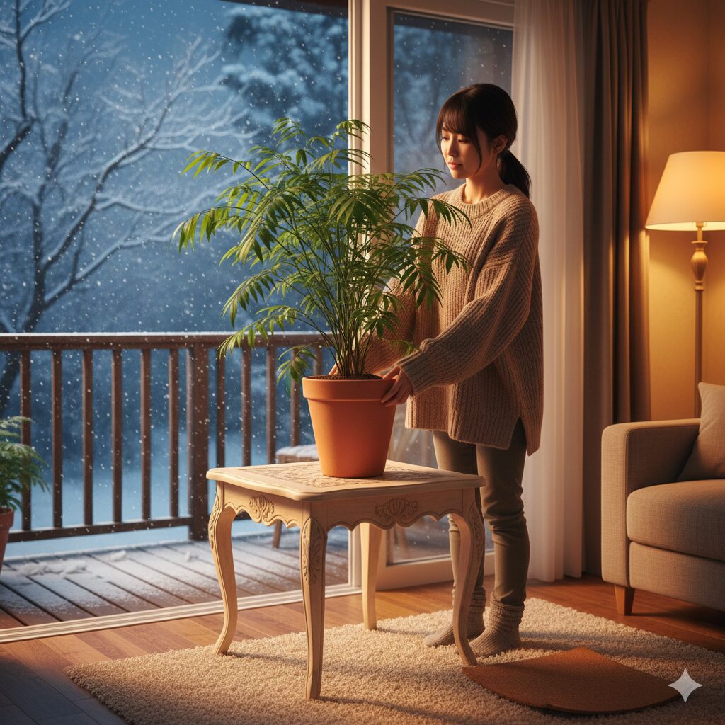 雪が降る寒いベランダを背景に、エバーフレッシュの鉢植えを暖かい室内のテーブルに移動させている日本人女性。