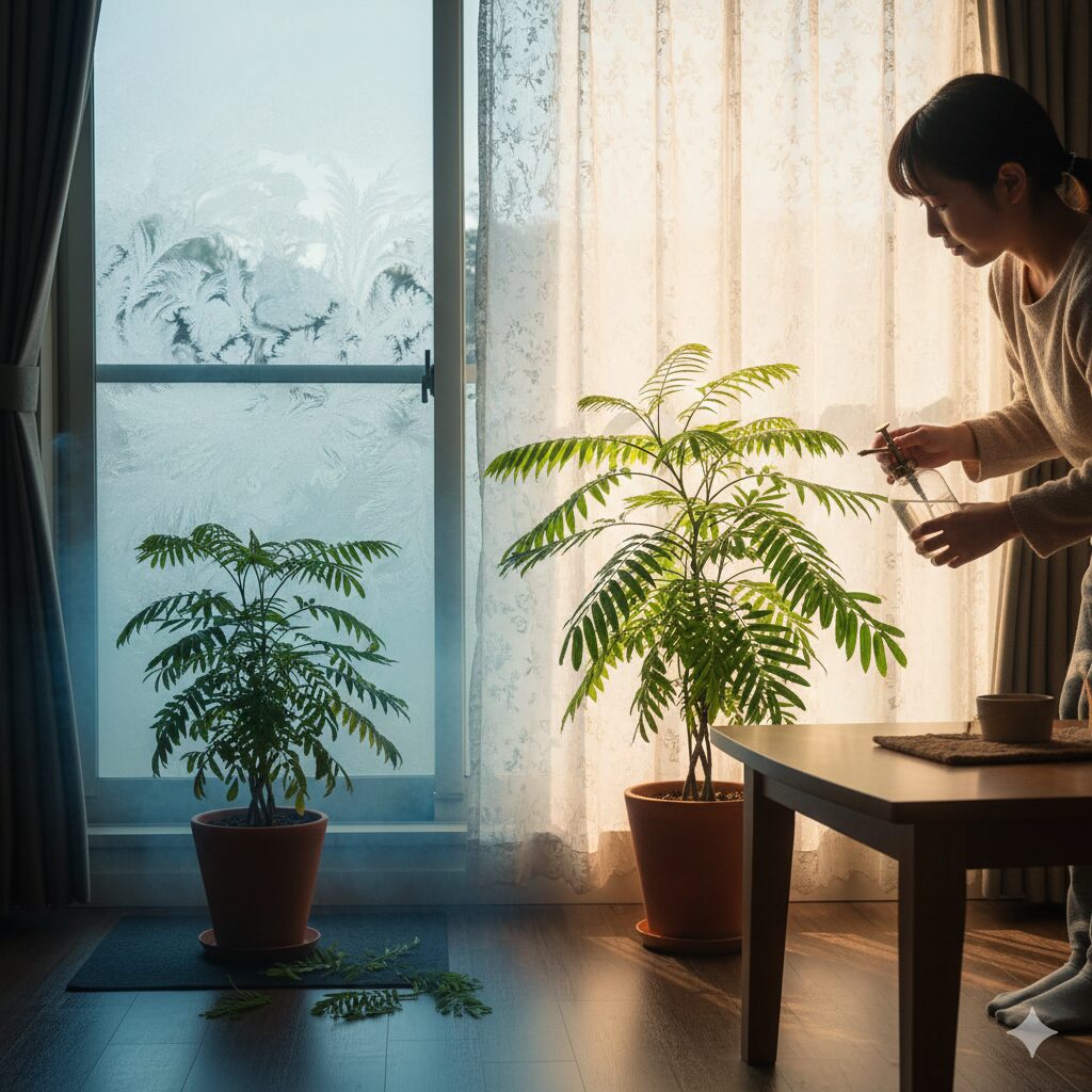 霜が降りた窓のそばに置かれたエバーフレッシュが寒そうにしており