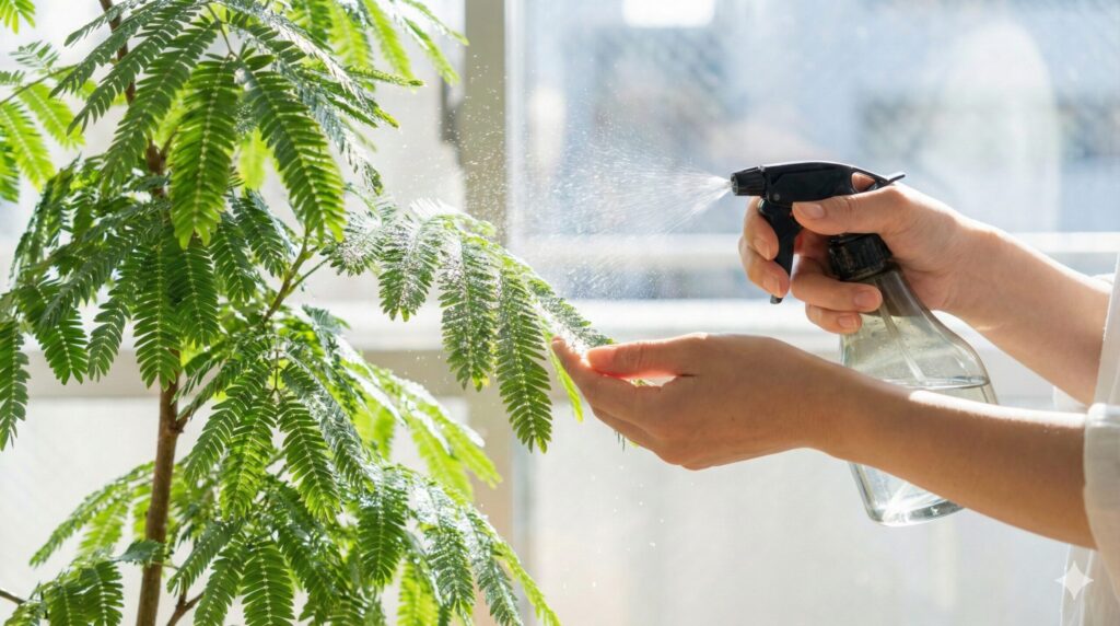 霧吹きを使ってエバーフレッシュの葉に水を吹きかけ、葉水（はみず）を行っている様子。葉についた埃を落とし、浄化と保湿を行う重要なケア方法。