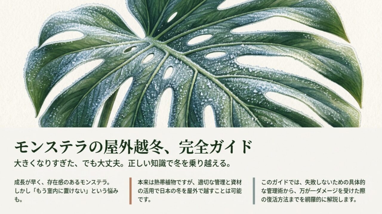 霜が降りたモンステラの葉のイラストと「モンステラ屋外越冬完全ガイド」のタイトル