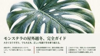 霜が降りたモンステラの葉のイラストと「モンステラ屋外越冬完全ガイド」のタイトル