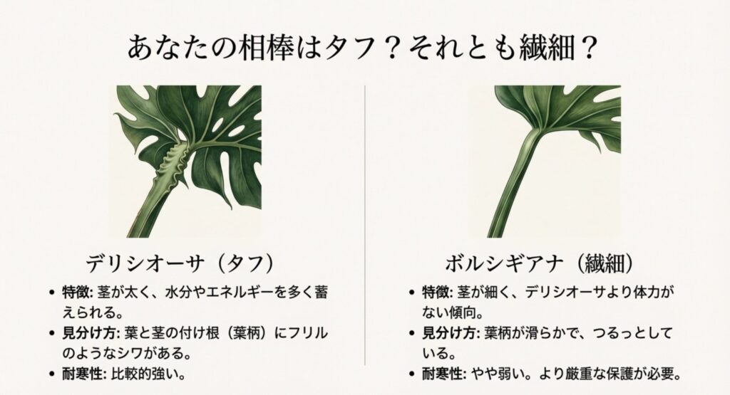 モンステラ・デリシオーサの葉柄にあるフリル状のシワと、ボルシギアナの滑らかな葉柄の比較画像