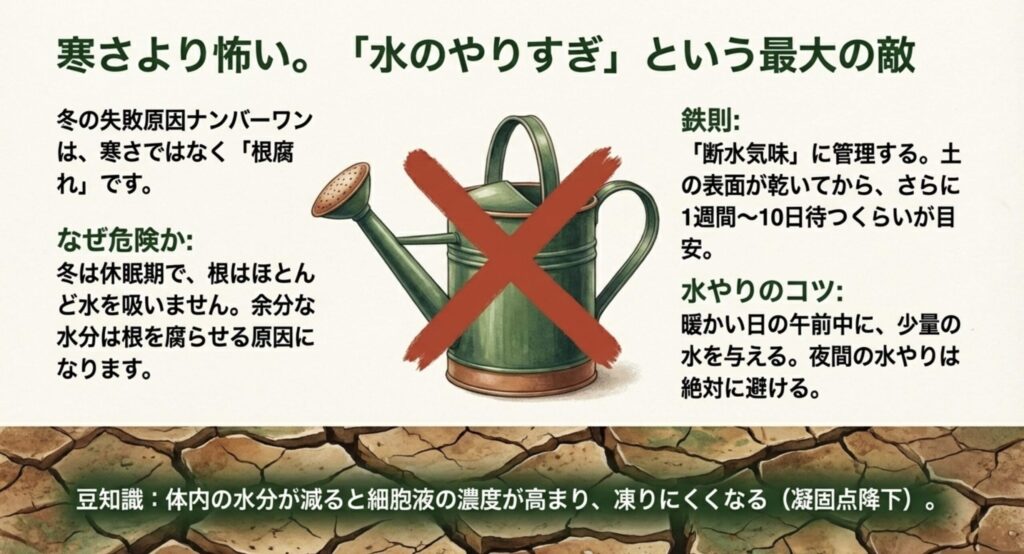 冬の休眠期における断水気味の管理と、凝固点降下についての解説テキスト