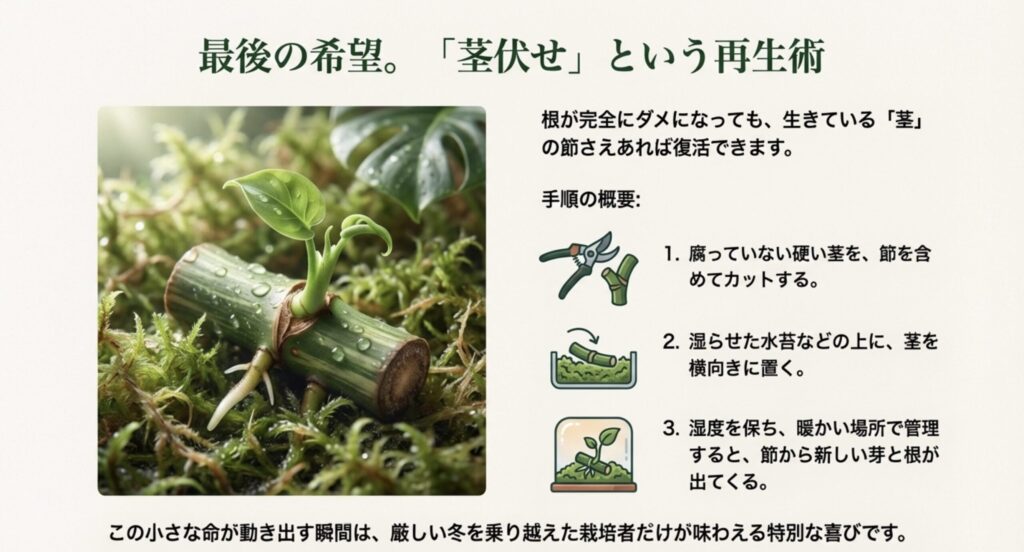 水苔の上に置かれた茎の節から、新しい芽と根が出てきている様子