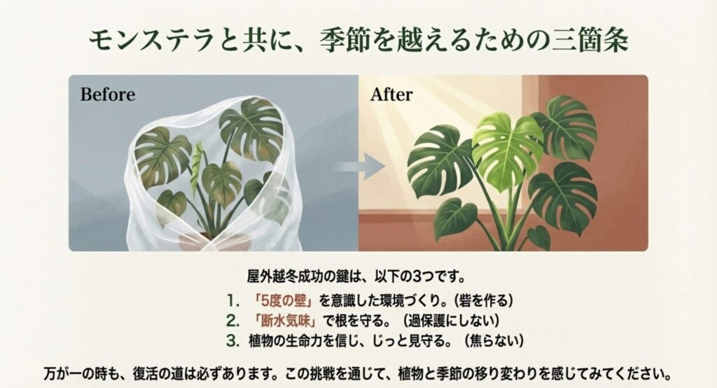 寒冷対策前後の比較写真と、屋外越冬を成功させるための3つのポイント（環境・水・見守り）