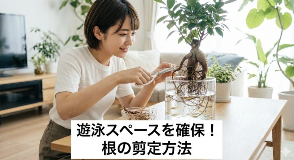 水槽の遊泳スペースを確保する根の剪定方法