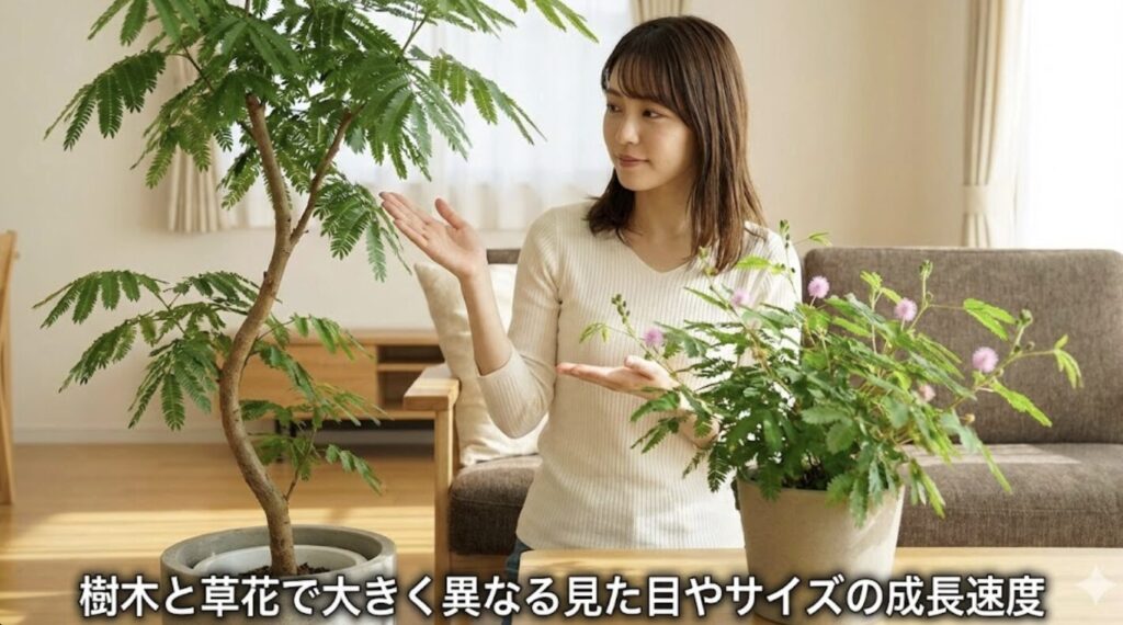 樹木と草花で大きく異なる見た目やサイズの成長速度