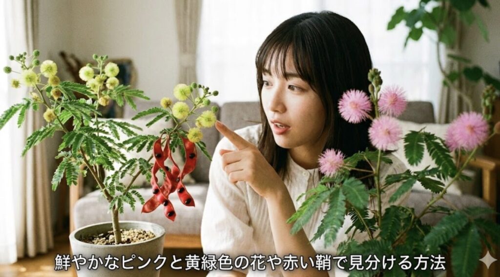 鮮やかなピンクと黄緑色の花や赤い鞘で見分ける方法