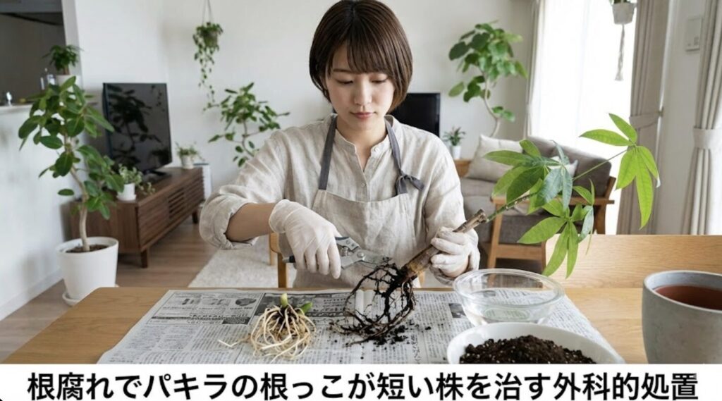 根腐れでパキラの根っこが短い株を治す外科的処置